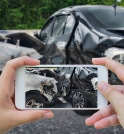 woman using smartphone take photo of car crash accident on the road